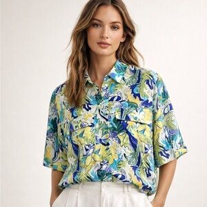Vintage Y2K Anita Belle 100% Silk Floral Button Up Blouse M Tropical Resort